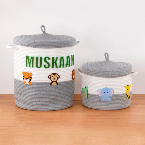 Safari Animals- Grey Rope Basket With Lid
